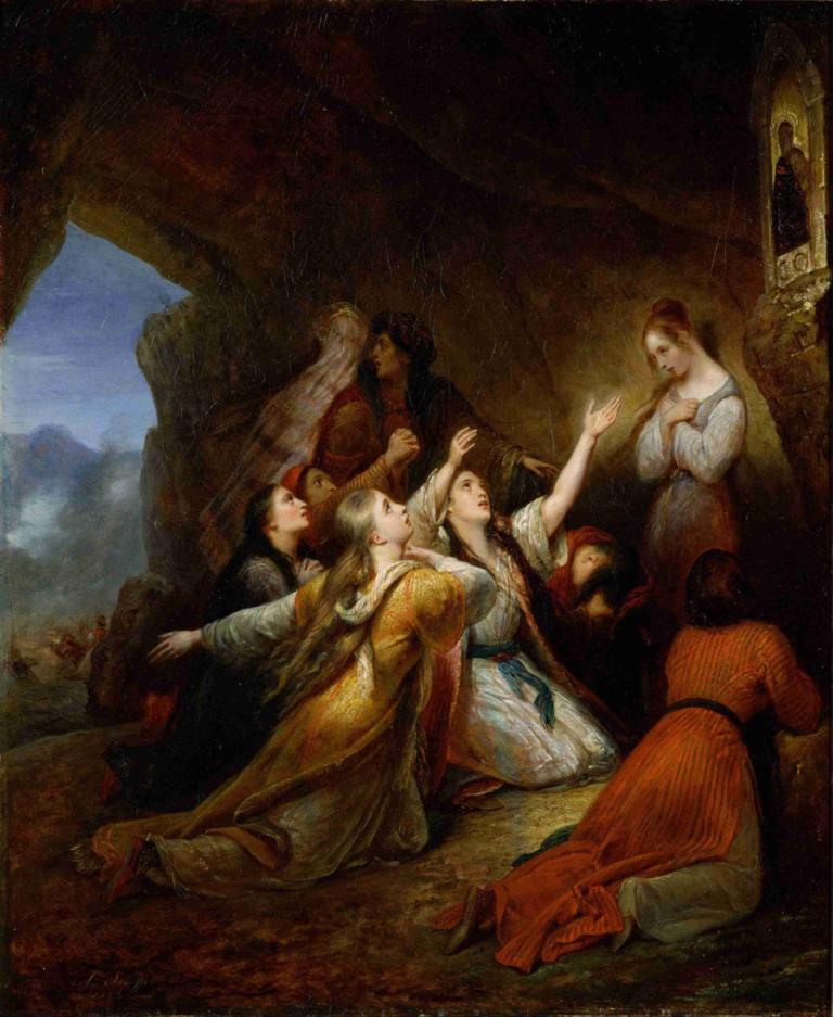 Greek Women Imploring at the Virgin of Assistance,Ary Scheffer,Oil Painting,Oil Painting, fine art parody