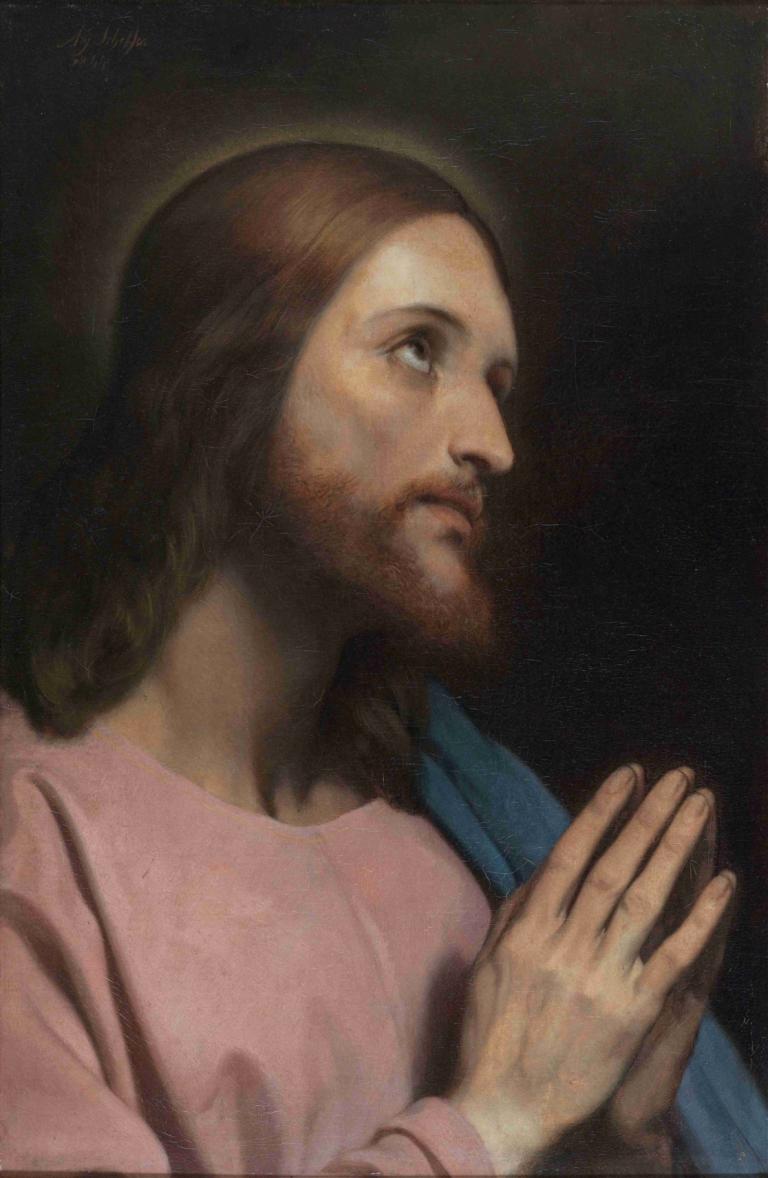 Head of Christ,Ary Scheffer,Oil Painting,Oil Painting, solo, brown hair, realistic, 1boy, male focus, border