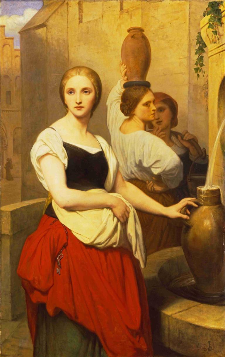 Margaret at the Fountain,Ary Scheffer,Oil Painting,Oil Painting, 1girl, fine art parody, brown hair, skirt