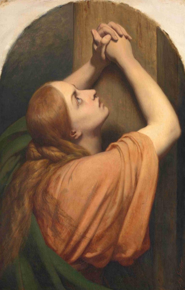 Mary Magdalene At The Foot Of The Cross,Ary Scheffer,Oil Painting,Oil Painting, 1girl, solo, fine art parody