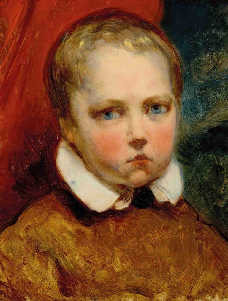 Portrait d'un garçon prénommé Léon,Ary Scheffer,Oil Painting,Oil Painting, solo, blue eyes, blonde hair, 1boy