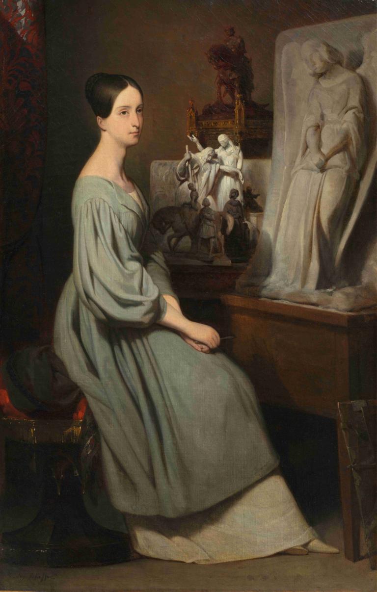 Princess Marie d'Orléans in Her Studio,Ary Scheffer,Oil Painting,Oil Painting, 1girl, solo, fine art parody