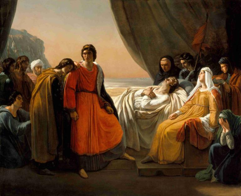 The Death of Saint Louis,圣路易斯之死,Ary Scheffer,阿利-谢弗,油画,油画, 美术模仿, 多个男孩, 6+男孩, 戏仿, 多个女孩, 岬, 坐着