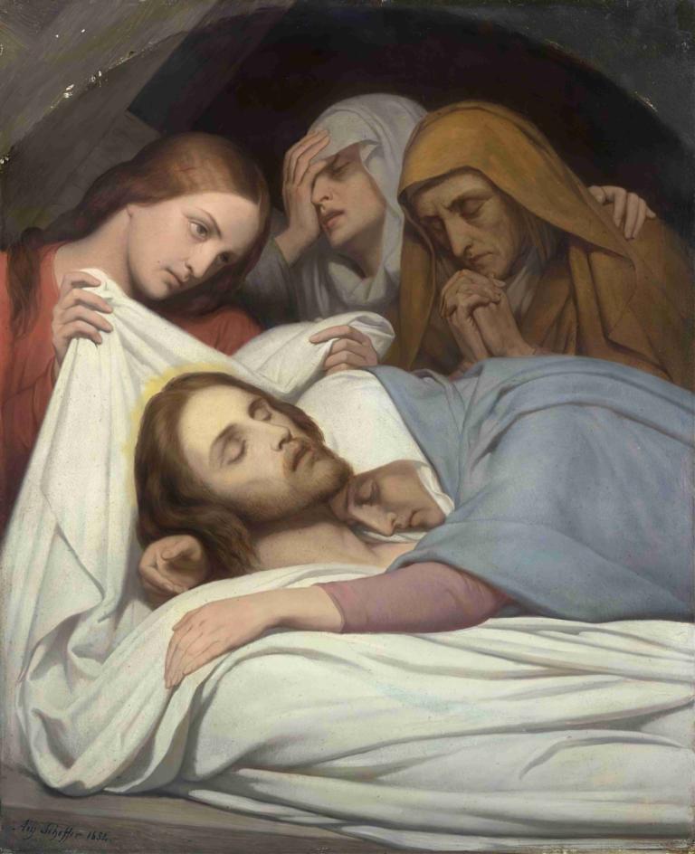 The Entombment,埋葬,Ary Scheffer,艾瑞·謝弗,油畫,油畫, 美術模仿, 多個男孩, 鬍子, 棕色的頭髮, 實際的, 毯子, 睡眠, 戲仿, 鬍鬚, 祈禱, 閉著眼睛, 3個男孩