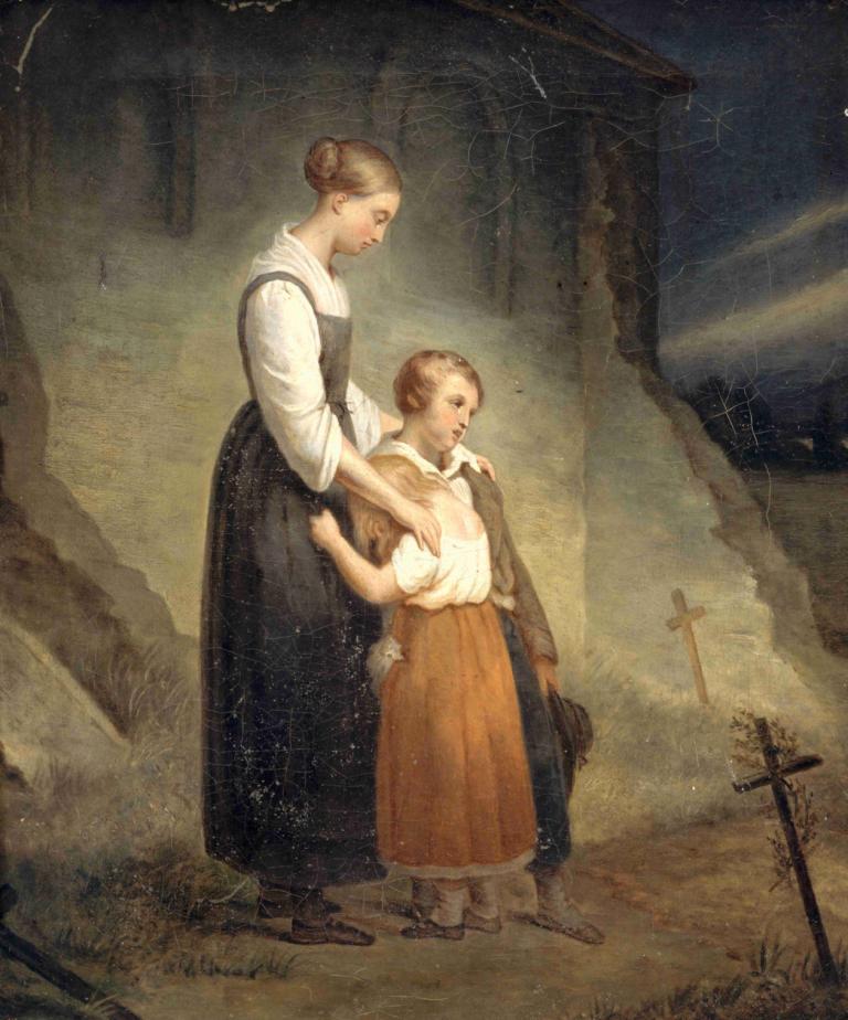 The orphans,孤儿,Ary Scheffer,阿利-谢弗,油画,油画, 多个女孩, 2个女孩, 发髻, 棕色的头发, 孩子, 单发髻, 裙子, 草, 裙子, 户外, 传统媒体, 墓地, 叉, 常设, 墓碑, 坟