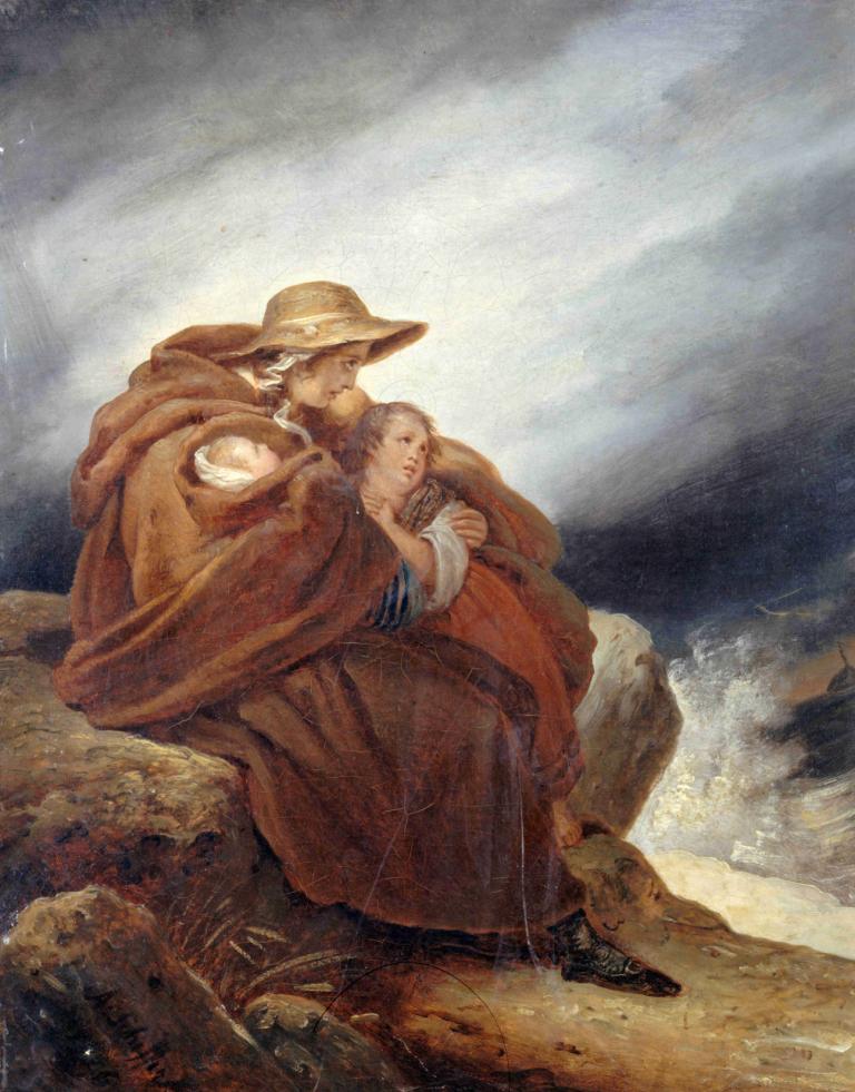 The sailor's family,水手的家人,Ary Scheffer,阿利-谢弗,油画,油画, 帽子, 坐着, 1男孩, 1个女孩, 户外, 老的, 棕色的头发, 传统媒体, 岩石, 胡子, 闭着眼睛, 孩子