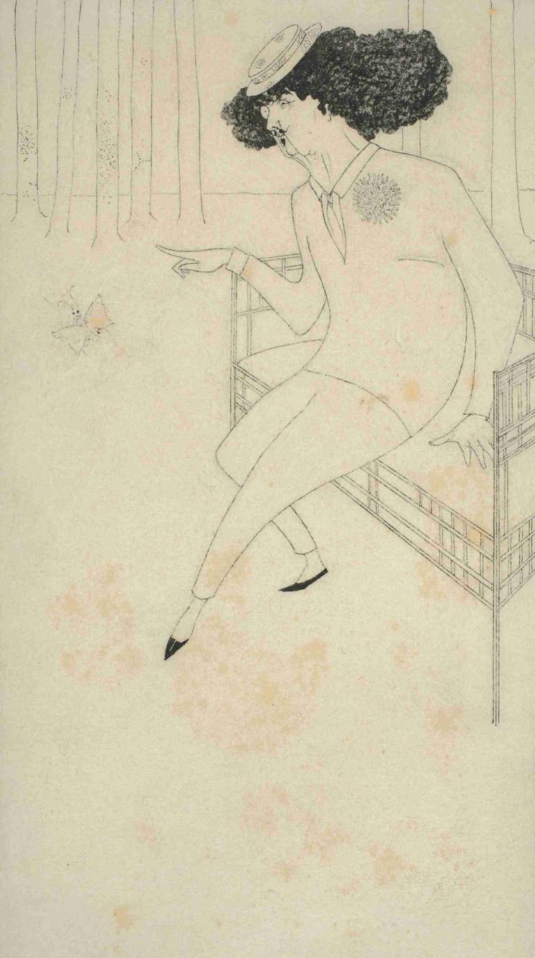 Caricature of J.M. Whistler,J.M.惠斯勒的漫畫,Aubrey Vincent Beardsley,奧布裡·文森特·比爾茲利,插畫,插畫, 1個女孩, 獨奏, 坐著, 非洲式, 黑髮, 單色