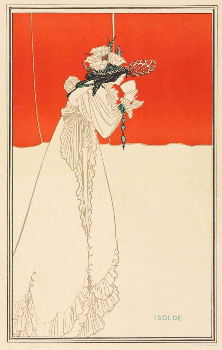 Isolde,Aubrey Vincent Beardsley,Illustration,Illustration, 1fille, robe, fleur, solo, robe blanche, holding