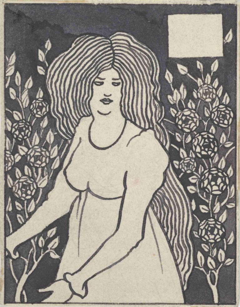 Long-haired Woman in Front of Tall Rosebushes,Aubrey Vincent Beardsley,Illustration,Illustration, 1girl, solo