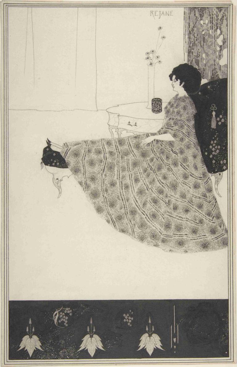 Madame Réjane,Fru Réjane,Aubrey Vincent Beardsley,Illustrasjon,Illustrasjon, 1 jente, blomst, monokrom, teppe