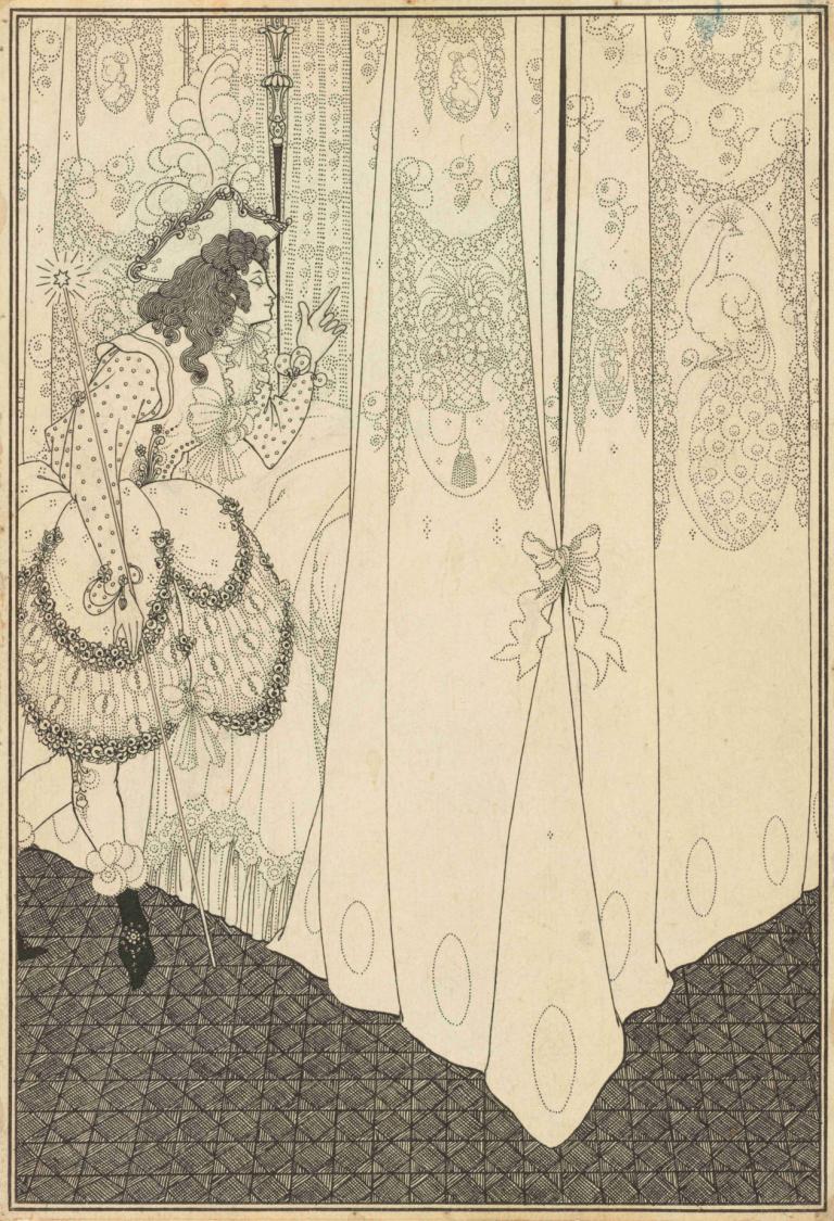 The Dream,Aubrey Vincent Beardsley,Illustration,Illustration, 1girl, curtains, dress, monochrome, solo