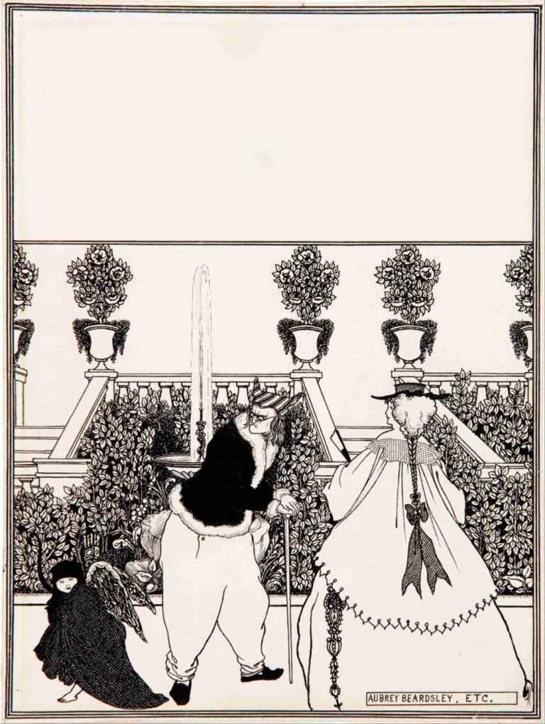 The driving of Cupid from the garden,Aubrey Vincent Beardsley,Illustration,Illustration, monochrome, 1girl