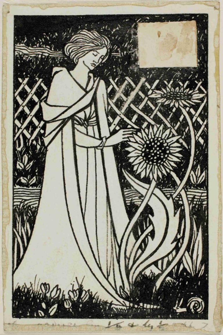 Woman with Sunflowers,Aubrey Vincent Beardsley,Illustration,Illustration, 1girl, solo, flower, monochrome