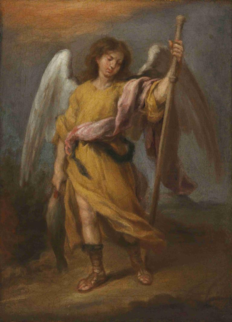 Archangel Raphael,Bartolomé Estebán Murillo,Oil Painting,Oil Painting, solo, wings, 1girl, angel wings