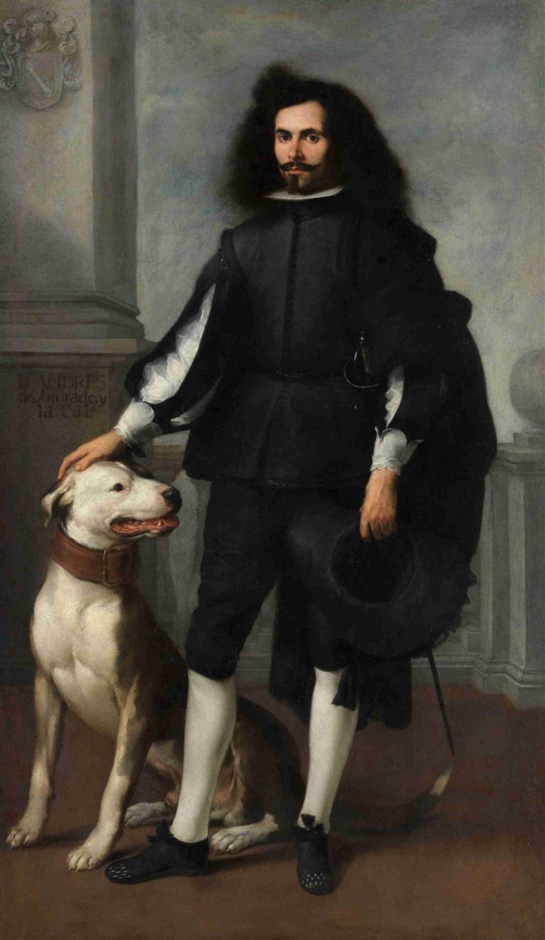 Don Andrés de Andrade y la Cal,Bartolomé Estebán Murillo,Oil Painting,Oil Painting, dog, 1boy, facial hair