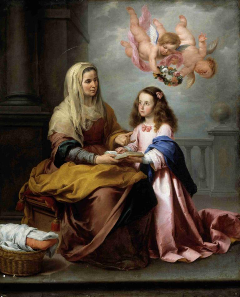 Education Of The Virgin,Bartolomé Estebán Murillo,Oil Painting,Oil Painting, fine art parody, parody, flower