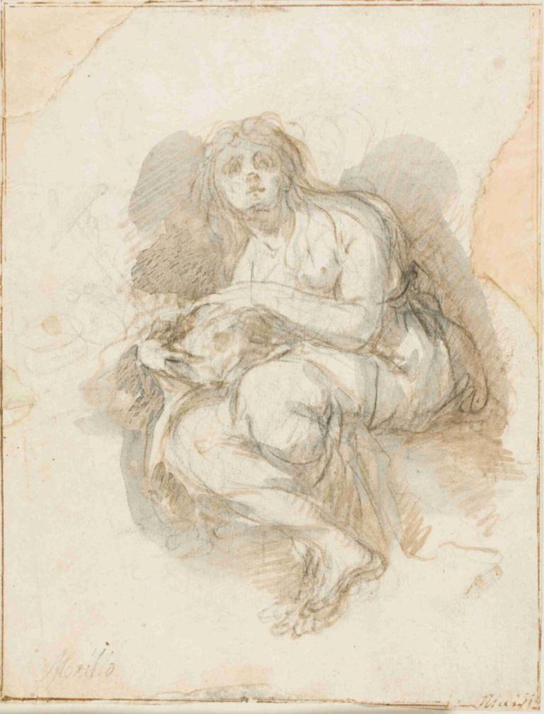 Female Saint Holding Skull,Bartolomé Estebán Murillo,Sketch,Sketch, 1boy, solo, male focus, barefoot