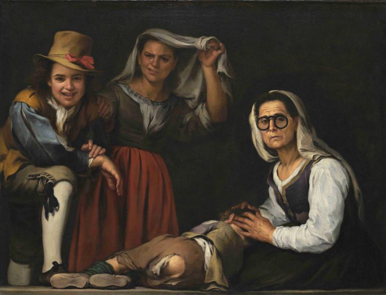 Four Figures On A Step,Bartolomé Estebán Murillo,Oil Painting,Oil Painting, fine art parody, multiple boys