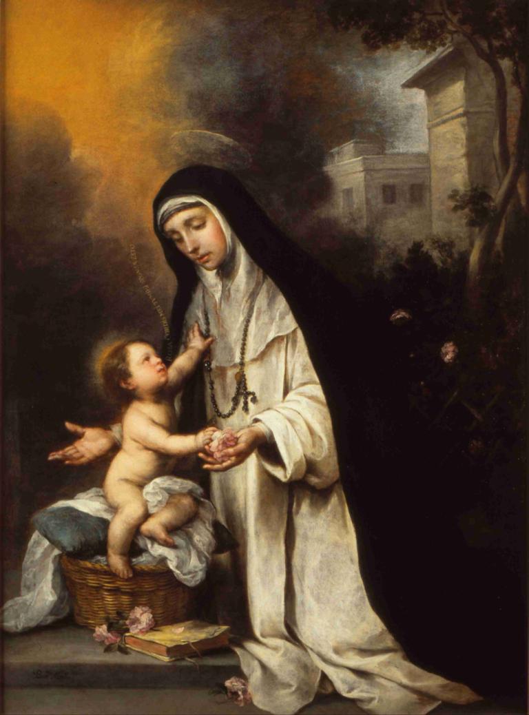 Saint Rose Of Lima,세인트 로즈 오브 리마,Bartolomé Estebán Murillo,바르톨로메 에스테반 무리요,오일 페인팅,오일 페인팅, 미술 패러디, 꽃, 아기, 십자가