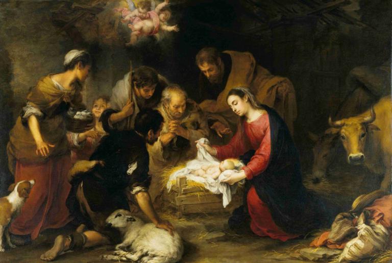 The Adoration of the Shepherds,牧羊人的崇拜,Bartolomé Estebán Murillo,巴托洛梅-埃斯特班-穆里略,油画,油画, 美术模仿, 狗, 多个男孩, 多个女孩, 老的