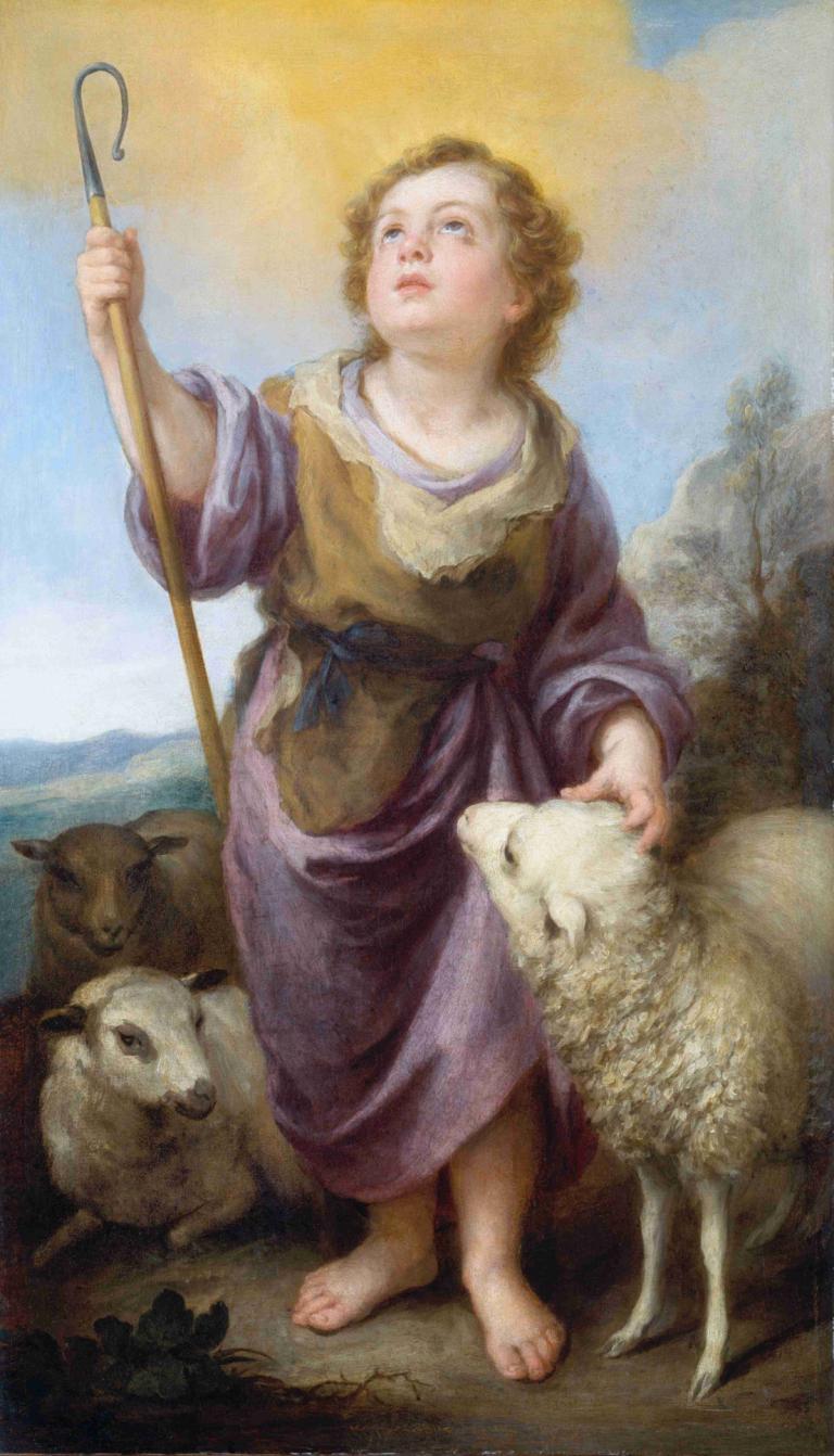 The Good Shepherd,De Goede Herder,Bartolomé Estebán Murillo,Olieverf,Olieverf, 1meisje, op blote voeten