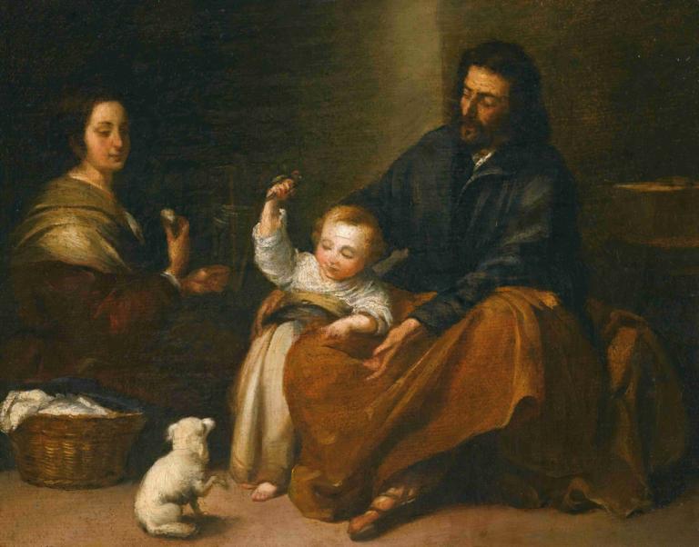 The Holy Family In An Interior,De heilige familie in een interieur,Bartolomé Estebán Murillo,Olieverf