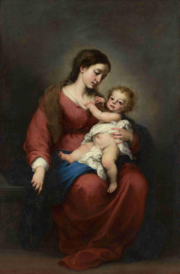 Virgin and Child,Jungfrau und Kind,Bartolomé Estebán Murillo,Ölgemälde,Ölgemälde, Kunstparodie, Brüste