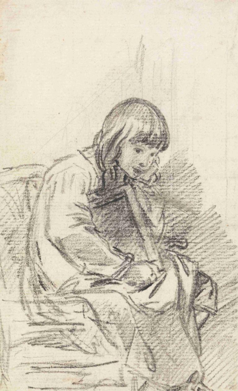 A Child Seated,Sedeči otrok,Benjamin West,Skica,Skica, solo, enobarvno, 1 dekle, sedenje, skica