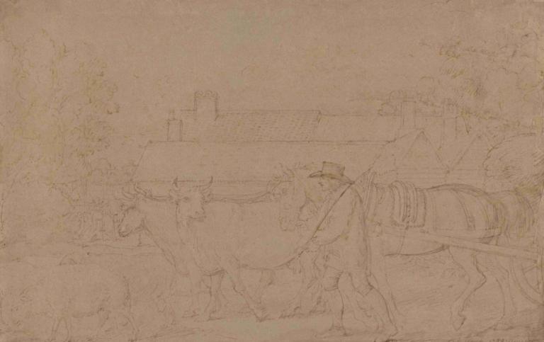 A Farm near Windsor,Benjamin West,Sketch,Sketch, monochrome, sketch, horse, tree, dog, hat, animal