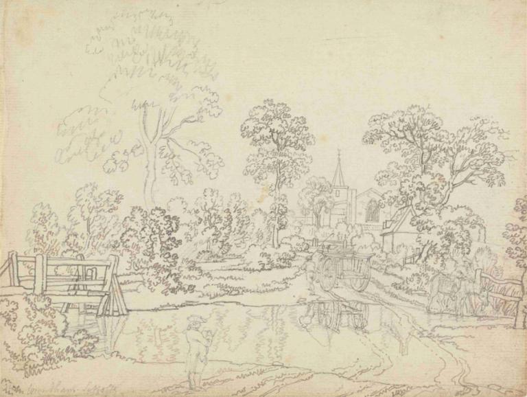 A Ford at Wrentham, Suffolk,Benjamin West,Sketch,Sketch, tree, traditional media, outdoors, scenery, water