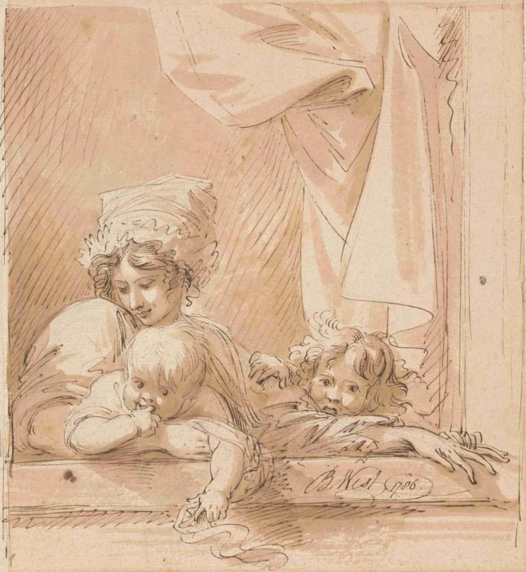 A Mother and Two Children,Benjamin West,Sketch,Sketch, baby, sepia, multiple boys, monochrome, 2boys, child