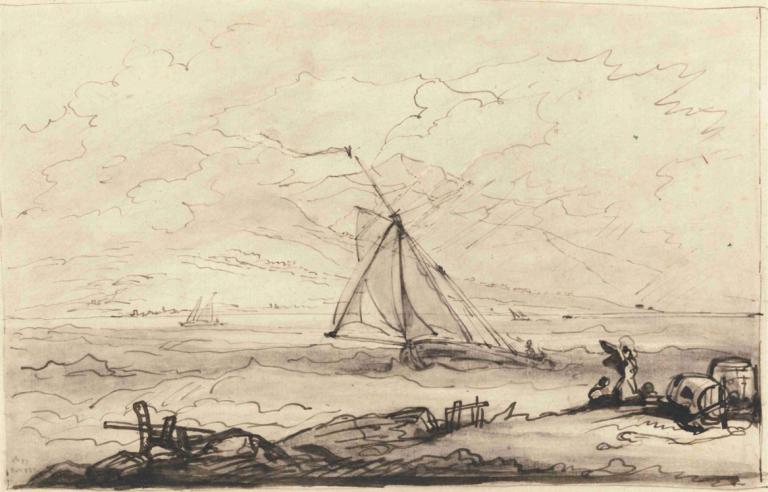 A Squall off a Mountainous Coast,Benjamin West,Sketch,Sketch, watercraft, monochrome, boat, cloud, sky