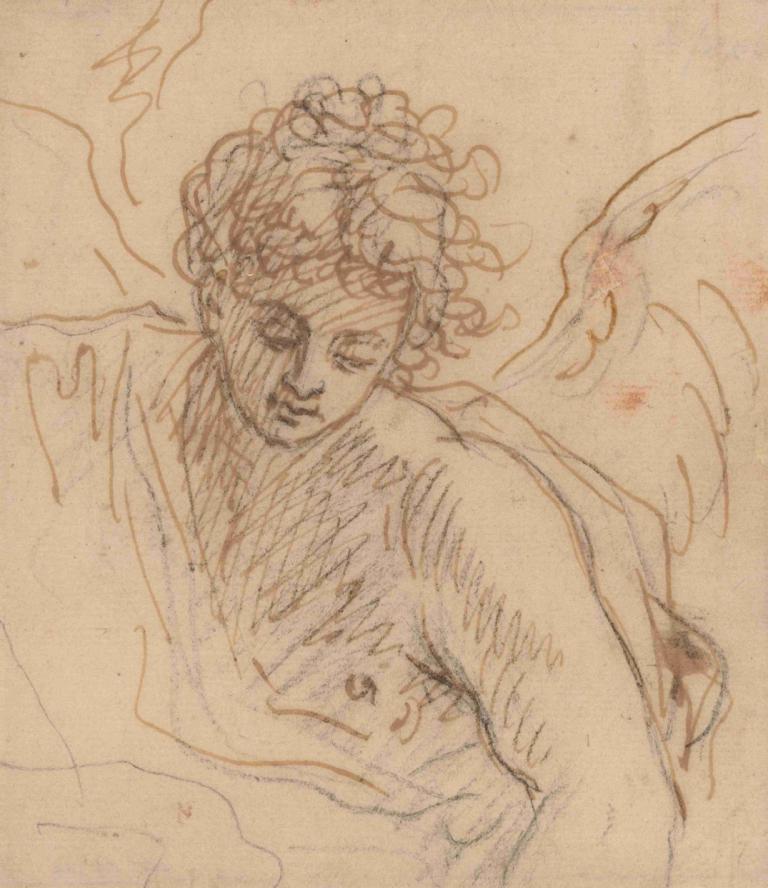 An Angel,Benjamin West,Sketch,Sketch, solo, male focus, 1boy, monochrome, traditional media, wings, sketch