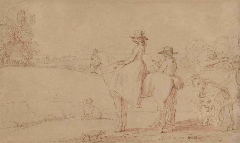 An Artist Sketching in Windsor Park,Benjamin West,Sketch,Sketch, hat, monochrome, horse, animal, dress