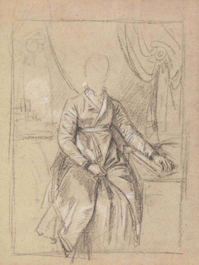 Costume Study for the Portrait of a Lady,Benjamin West,Sketch,Sketch, solo, sitting, monochrome, 1boy