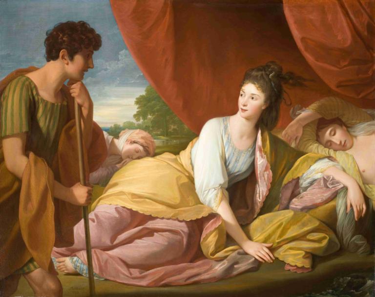 Cymon and Iphigenia,Cymon a Ifigenie,Benjamin West,Olejomalba,Olejomalba, parodie na výtvarné umění