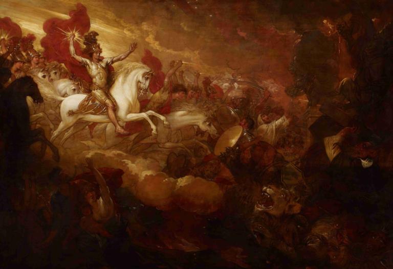 Destruction of the Beast and the False Prophet,Zkáza šelmy a falešného proroka,Benjamin West,Olejomalba