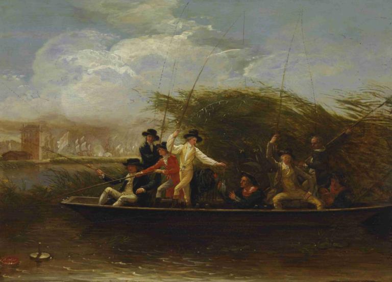 Gentlemen Fishing,Herrer Fiske,Benjamin West,Oljemaleri,Oljemaleri, vannscooter, flere gutter, utendørs, båt