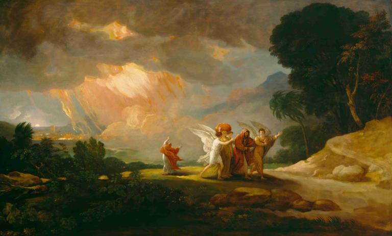 Lot Fleeing from Sodom,Lotta flyr från Sodom,Benjamin West,Oljemålning,Oljemålning, träd, utomhus, moln