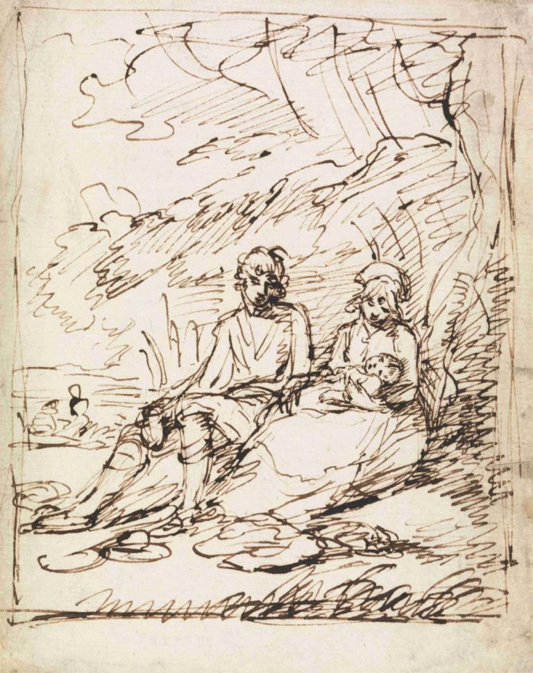 Man and Woman Holding Baby, Seated on Bank,Man och kvinna med baby, sittande på bank,Benjamin West,Skiss