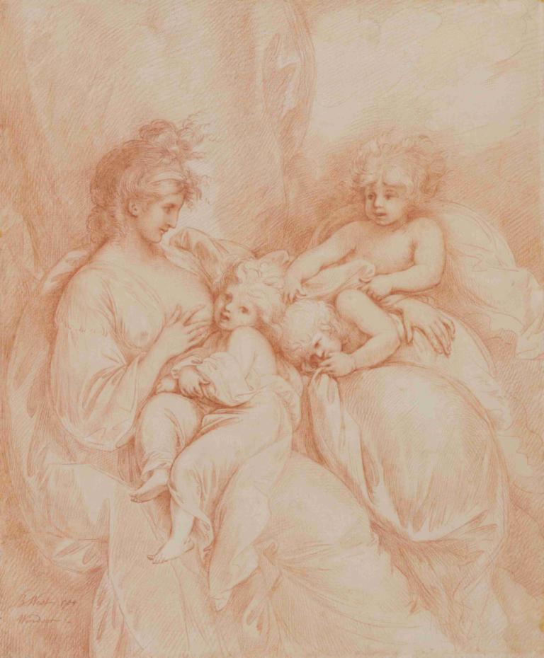 Maternity,Moderskap,Benjamin West,Färgskiss,Färgskiss, bebis, svartvit, familj, flera pojkar, sovande, barn