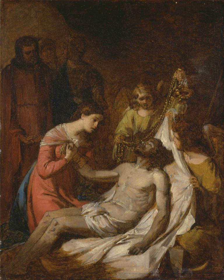 Study Of The Lamentation On The Dead Christ,研究《基督逝世哀歌,Benjamin West,本杰明-韦斯特,油画,油画, 美术模仿, 多个男孩, 戏仿, 假传统媒体, 坐着