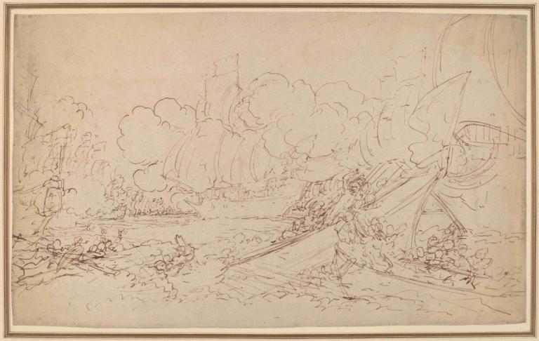 Study for The Battle of La Hogue (recto),Benjamin West,Sketch,Sketch, watercraft, boat, monochrome, tree