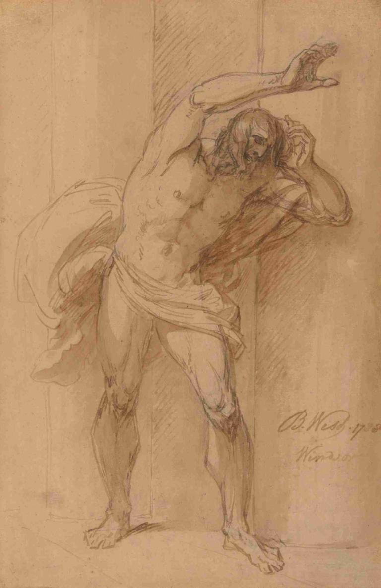 Study for the Crucifixion,Benjamin West,Sketch,Sketch, 1boy, male focus, solo, monochrome, beard, facial hair