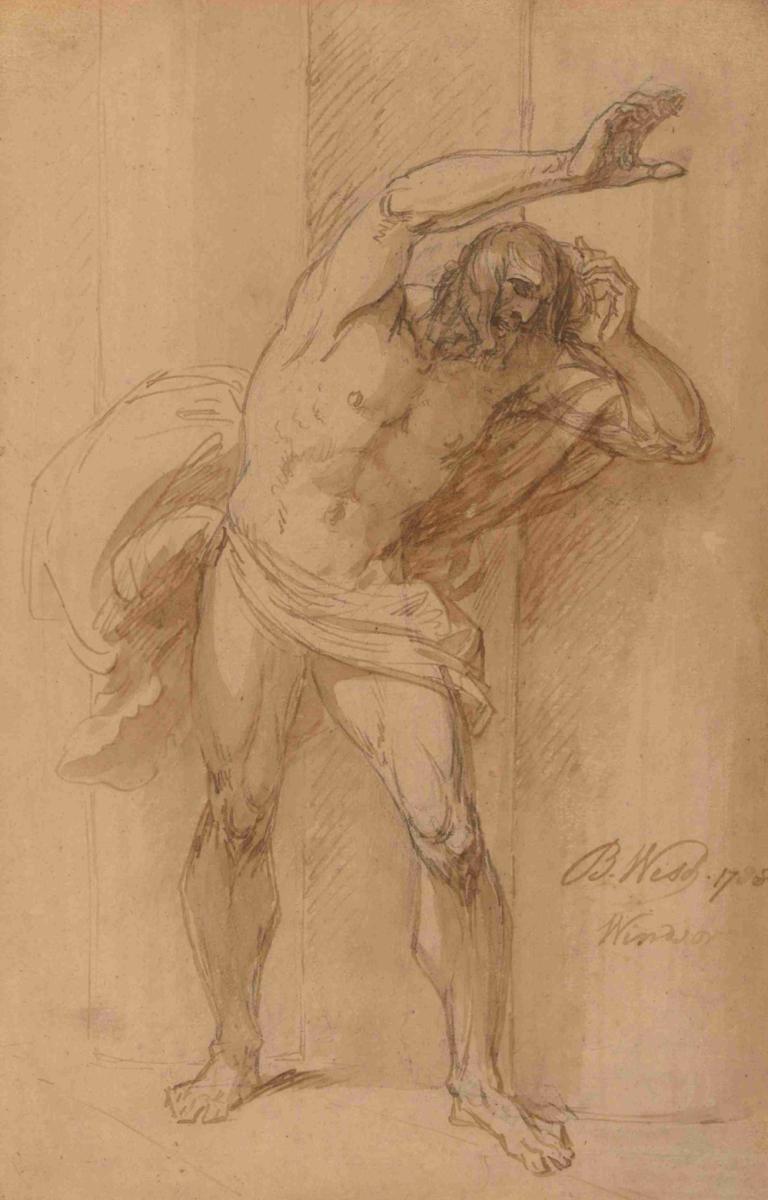 Study for the Crucifixion,Benjamin West,Sketch,Sketch, 1boy, male focus, solo, monochrome, facial hair, beard