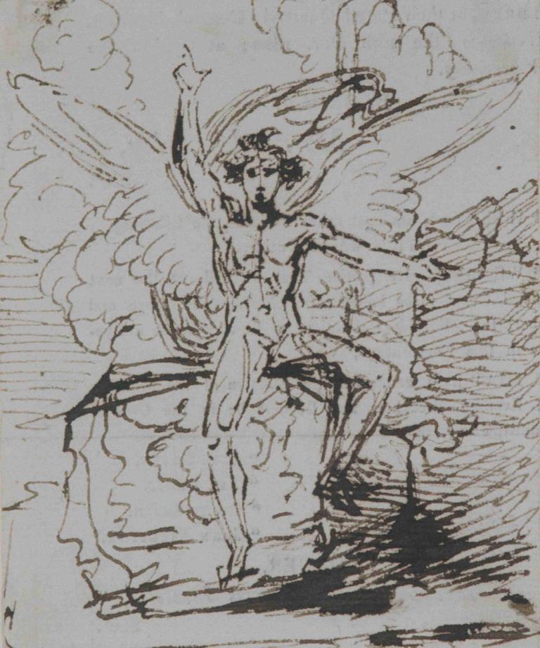 The Angel at the Tomb of Christ,Benjamin West,Sketch,Sketch, monochrome, solo, wings, 1boy, male focus, nude