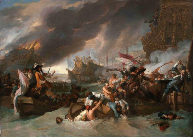 The Battle of La Hogue,Benjamin West,Oil Painting,Oil Painting, watercraft, weapon, boat, multiple boys