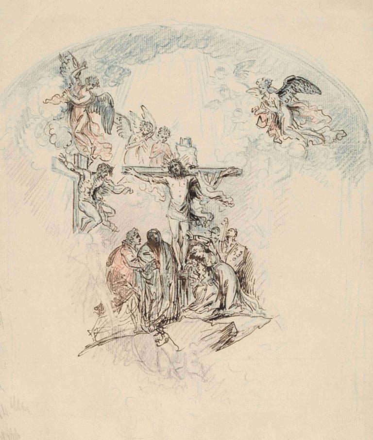 The Crucifixion,Benjamin West,Color Sketch,Color Sketch, multiple boys, multiple girls, 6+boys, weapon