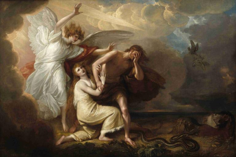 The Expulsion of Adam and Eve from Paradise,亚当和夏娃被逐出乐园,Benjamin West,本杰明-韦斯特,油画,油画, 美术模仿, 多个女孩, 翅膀, 天使, 戏仿