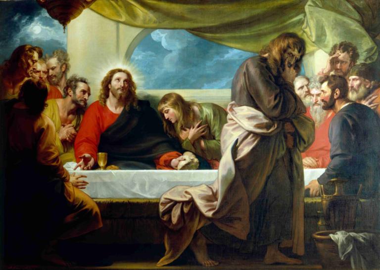 The Last Supper,最后的晚餐,Benjamin West,本杰明-韦斯特,油画,油画, 多个男孩, 美术模仿, 胡须, 6+男孩, 胡子, 赤脚, 棕色的头发